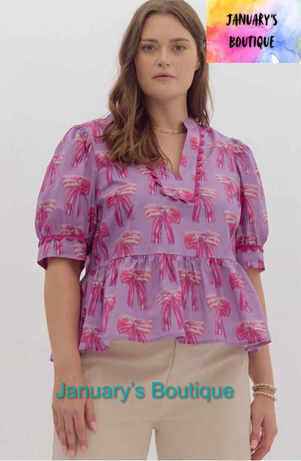 Women's Entro Plus Lavender Bow Print Top