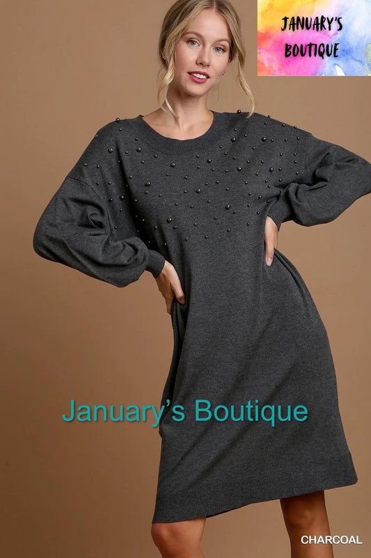 Charcoal Sweater Dress With Pearls