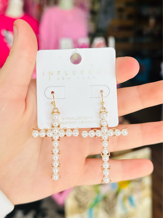 KK Decorative Pearl Cross Earrings
