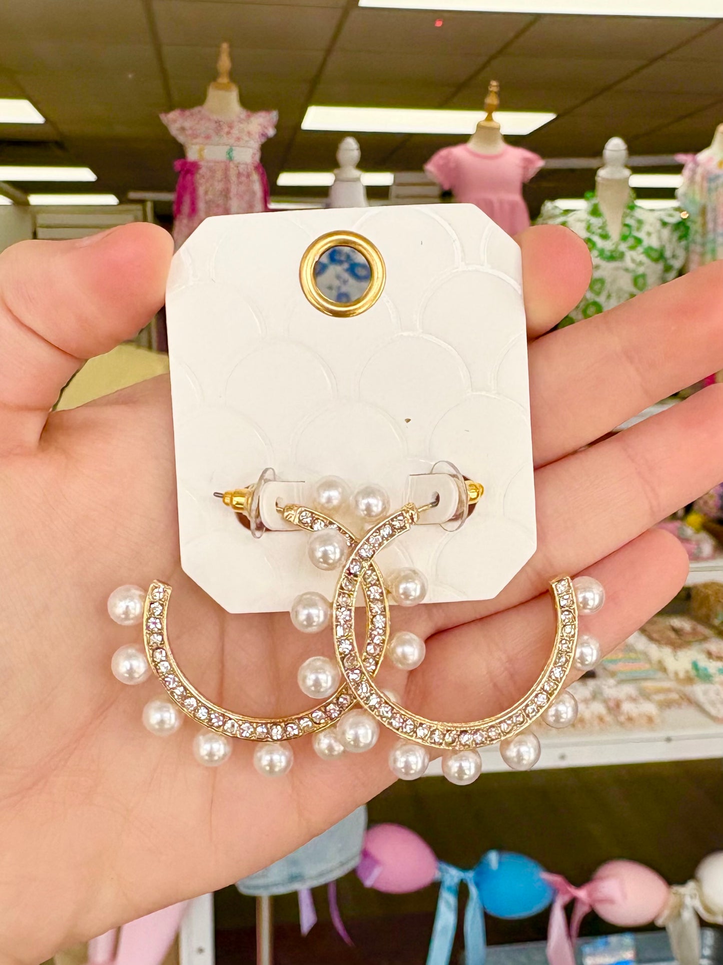 Gold Rhinestone Pearl Hoops