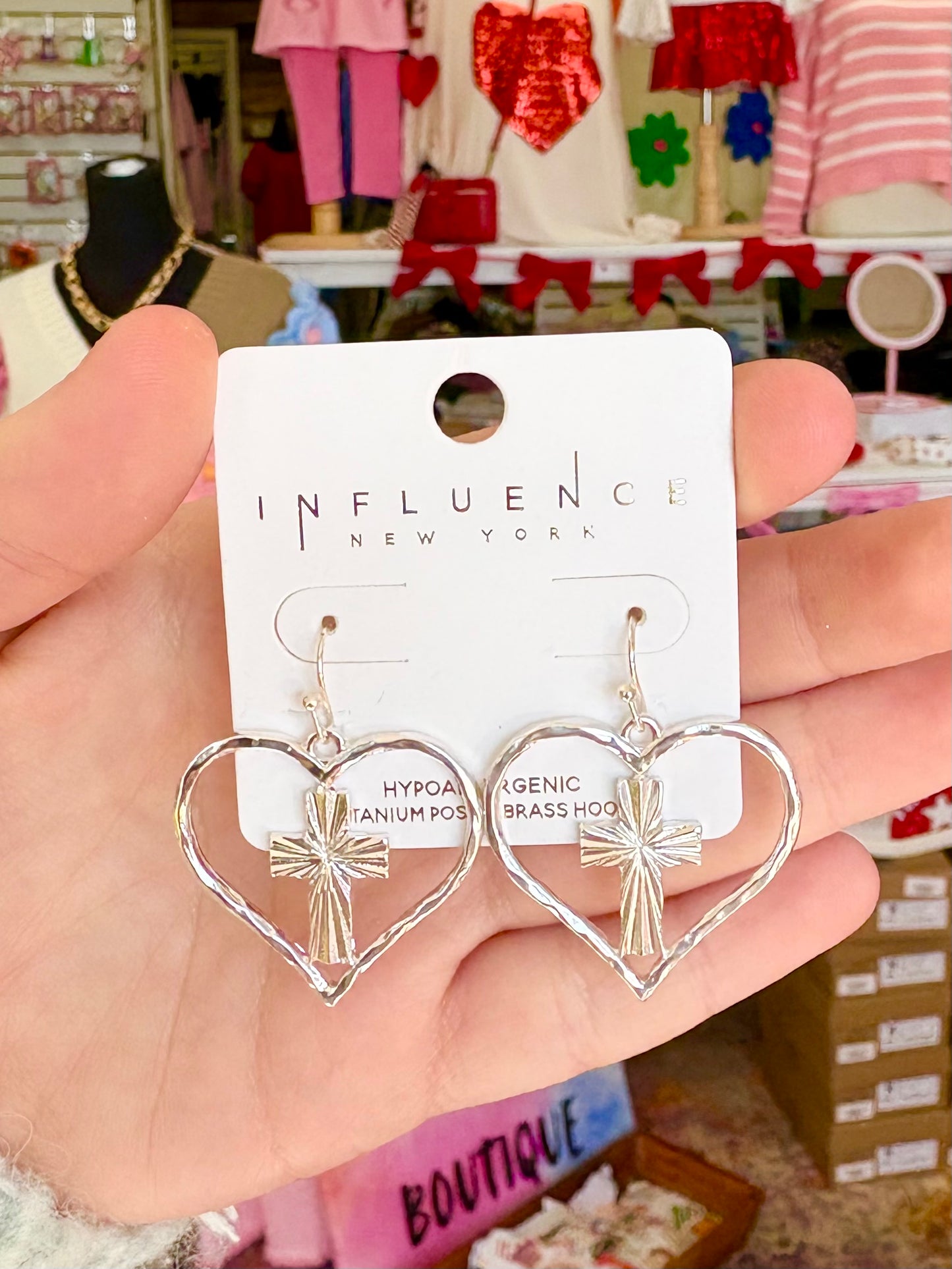 Silver Heart Cross Earrings