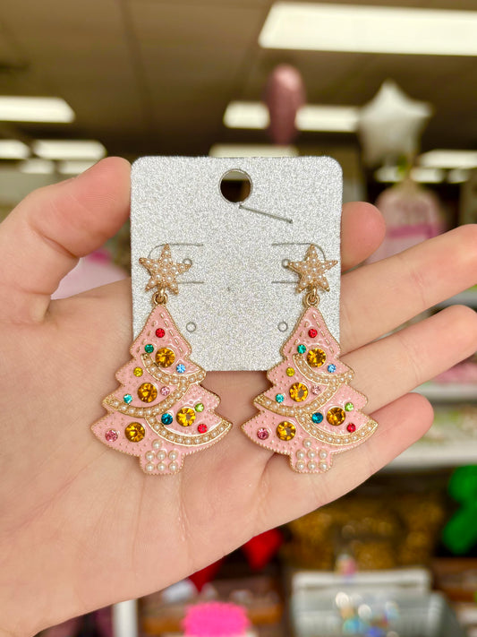 Pink Multi Rhinestone/Pearl Decorative Tree Earring