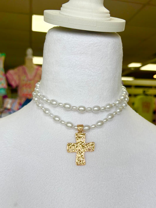 KK Double Layered Pearl/Gold Hammered Cross Necklace