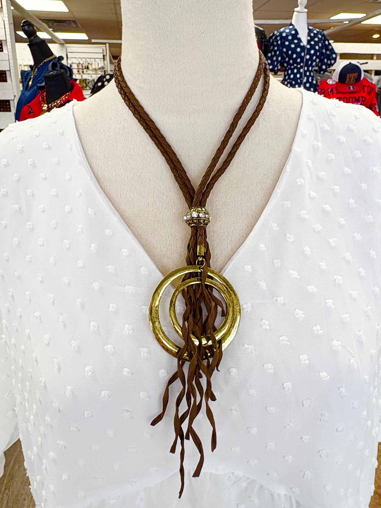 Brown Braided Tassel W/ Gold Pendant Necklace