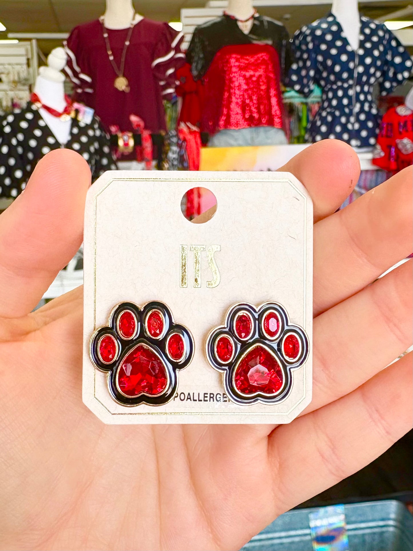 Medium Black/Red Rhinestone Paw Stud Earrings