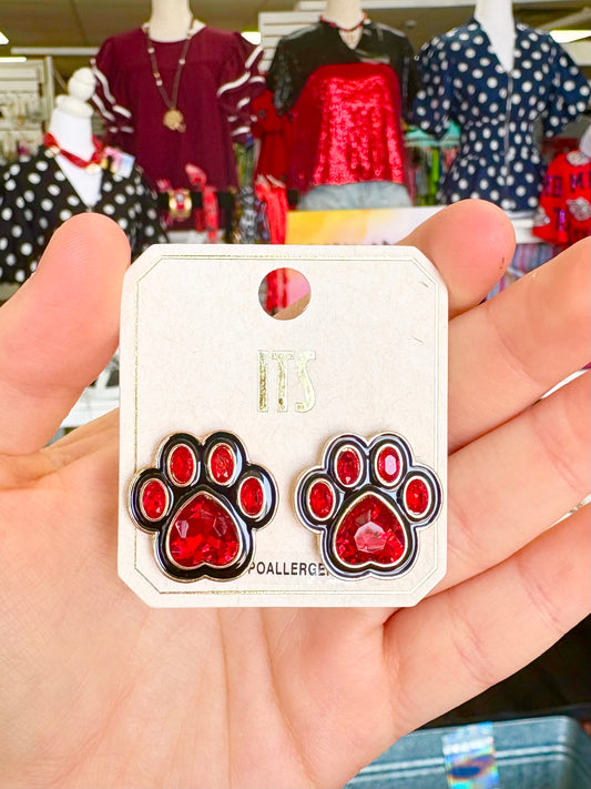 Medium Black/Red Rhinestone Paw Stud Earrings