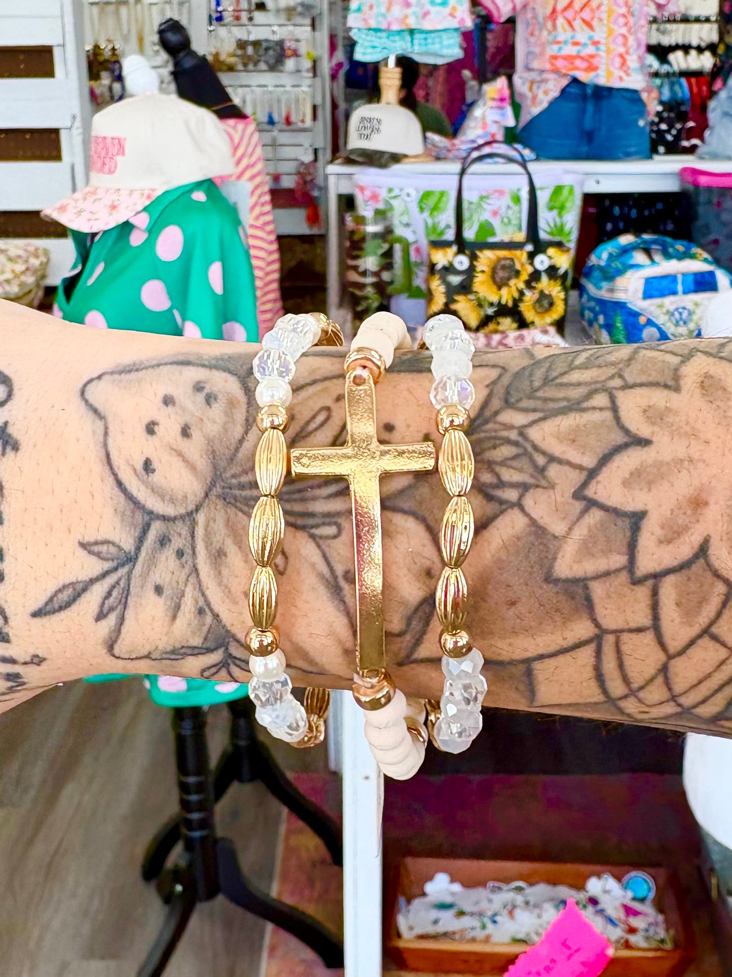 KK Gold/Iridescent Beaded Cross Bracelet Set