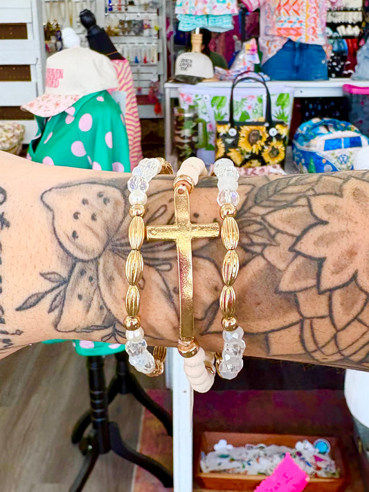 KK Gold/Iridescent Beaded Cross Bracelet Set