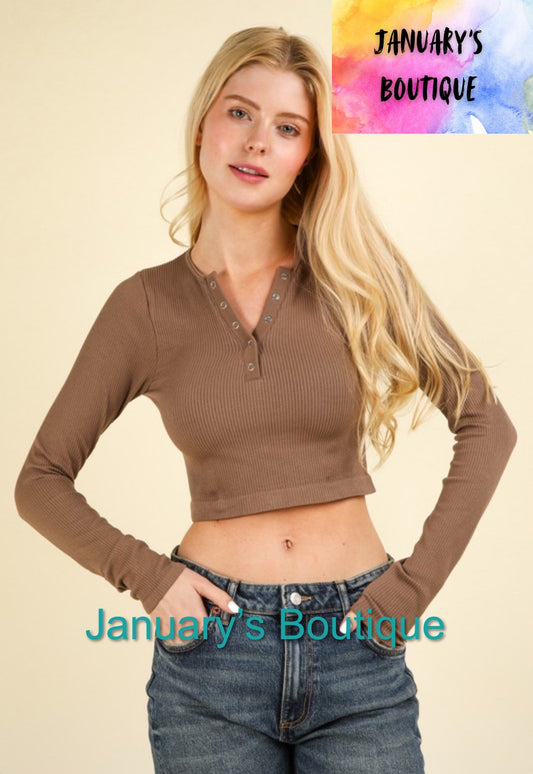 Women’s Crop Mocha Henley Top
