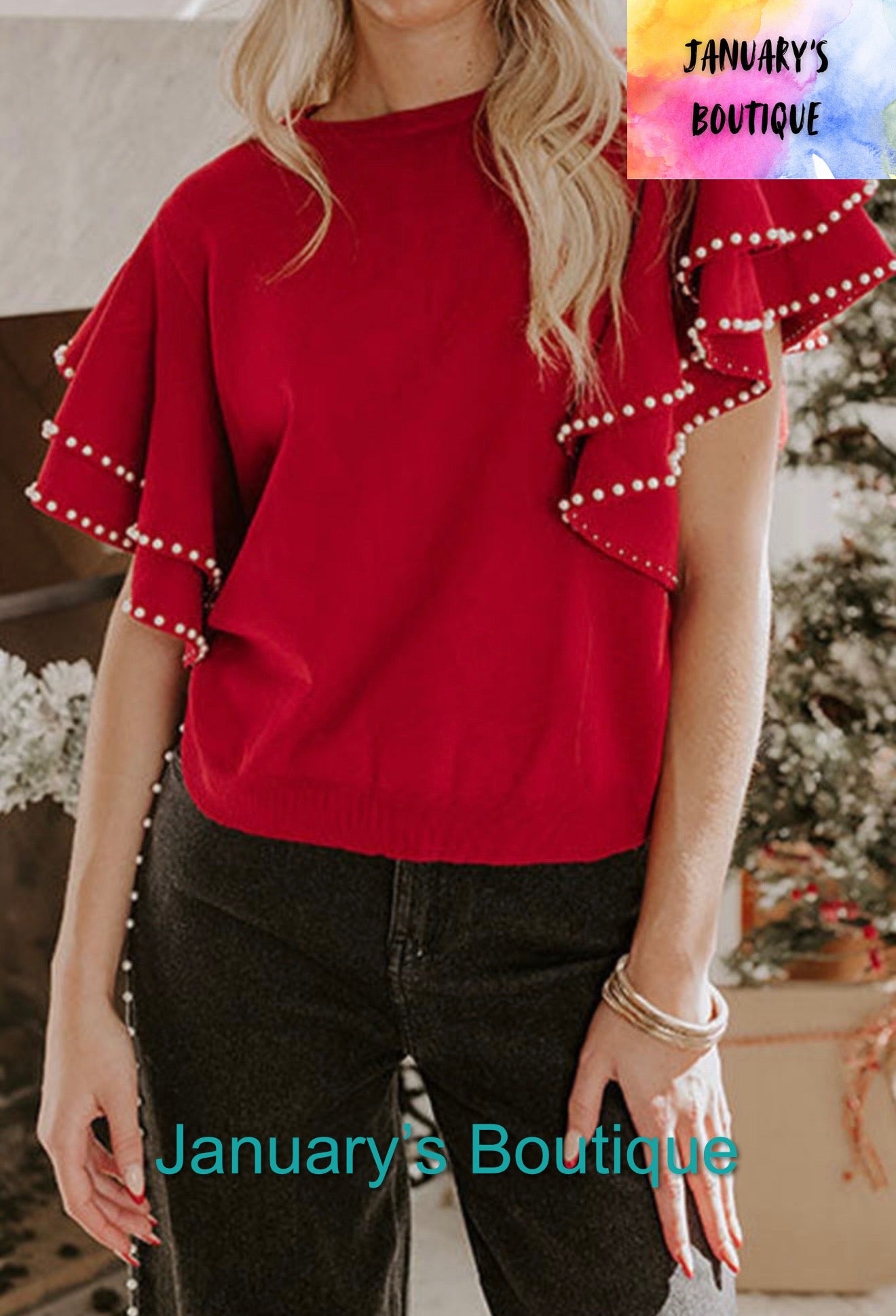 Women’s Red Pearls &  Ruffles Top