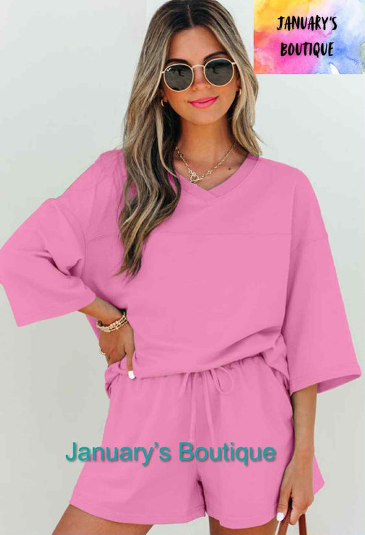 Women's Solid Pink Loose Fit Shorts Set