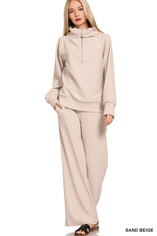 Women’s Sand Beige Ribbed Half Zip Pants Set