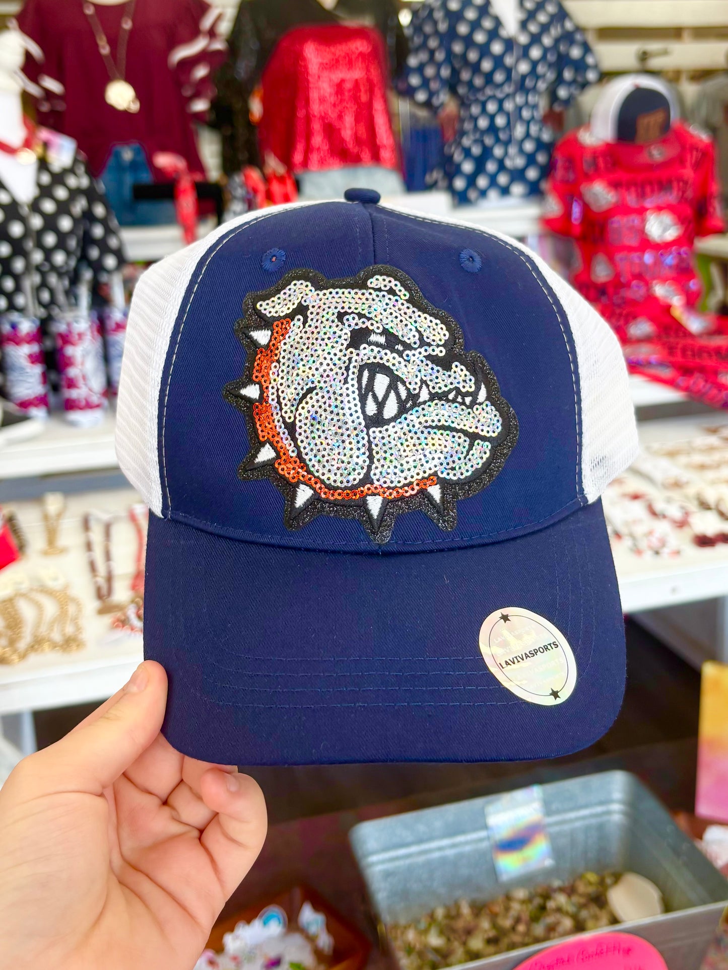 Women’s Blue Sequin Bulldog Patch Hat