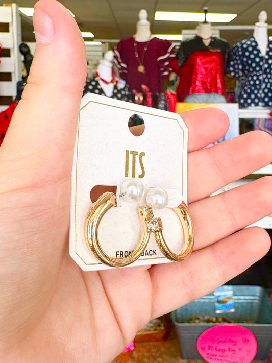 Shiny Gold Pearl/Rhinestone Hoops