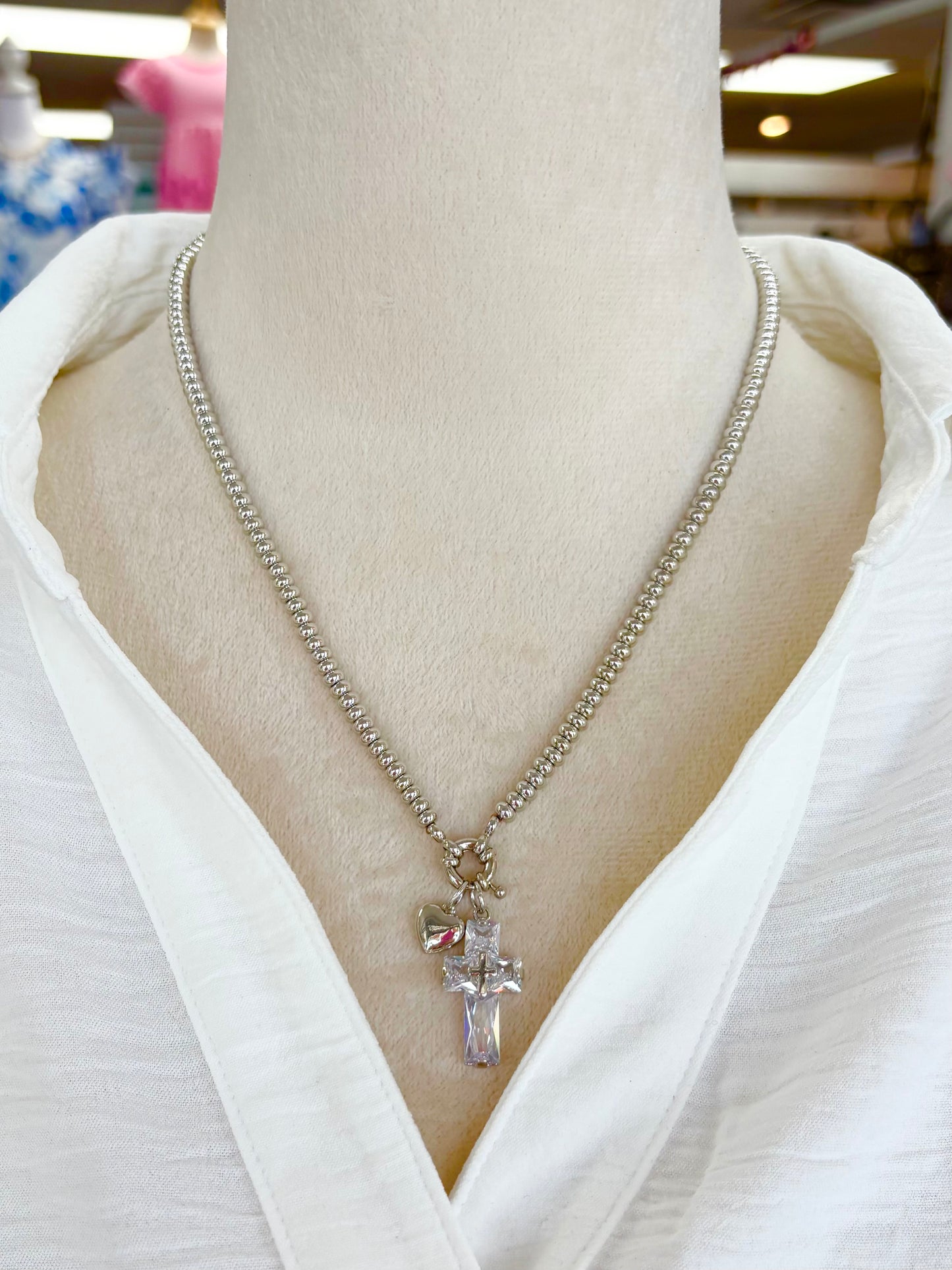 KK Silver Crystal Cross Charm Necklace