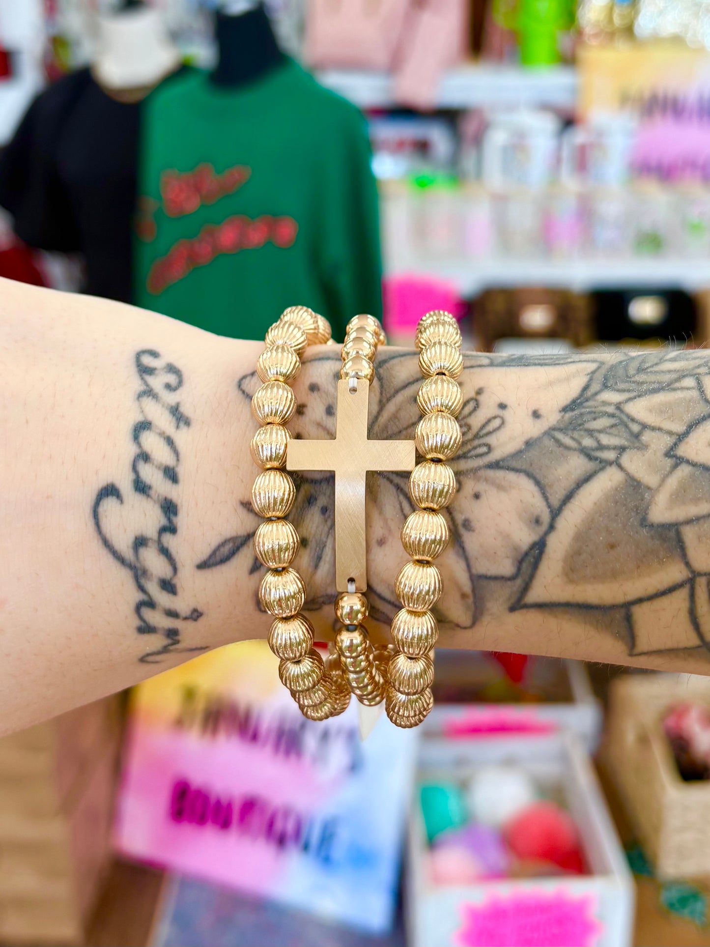 KK Gold Indented Beaded Cross Bracelet Set