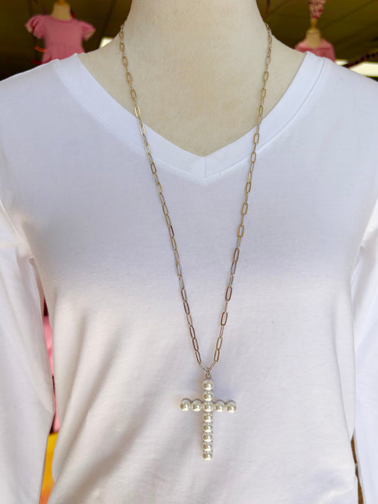 KK Silver Long Pearl Cross Necklace