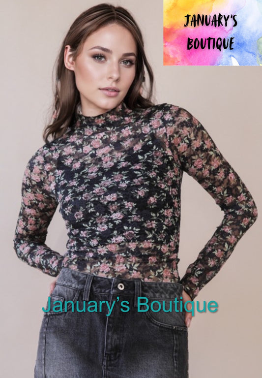 Women’s Black Floral Sheer Top