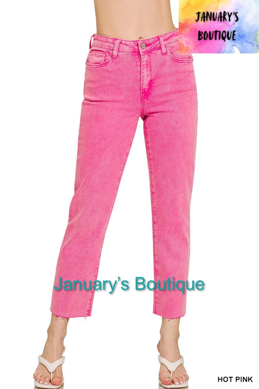 Women’s Hot Pink Acid Washed Cropped Straight Pants