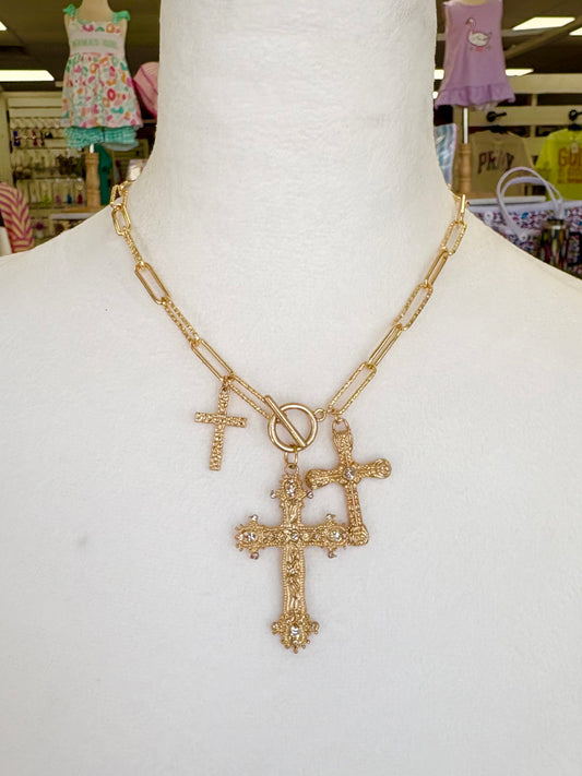Gold Cross Charm Toggle Necklace