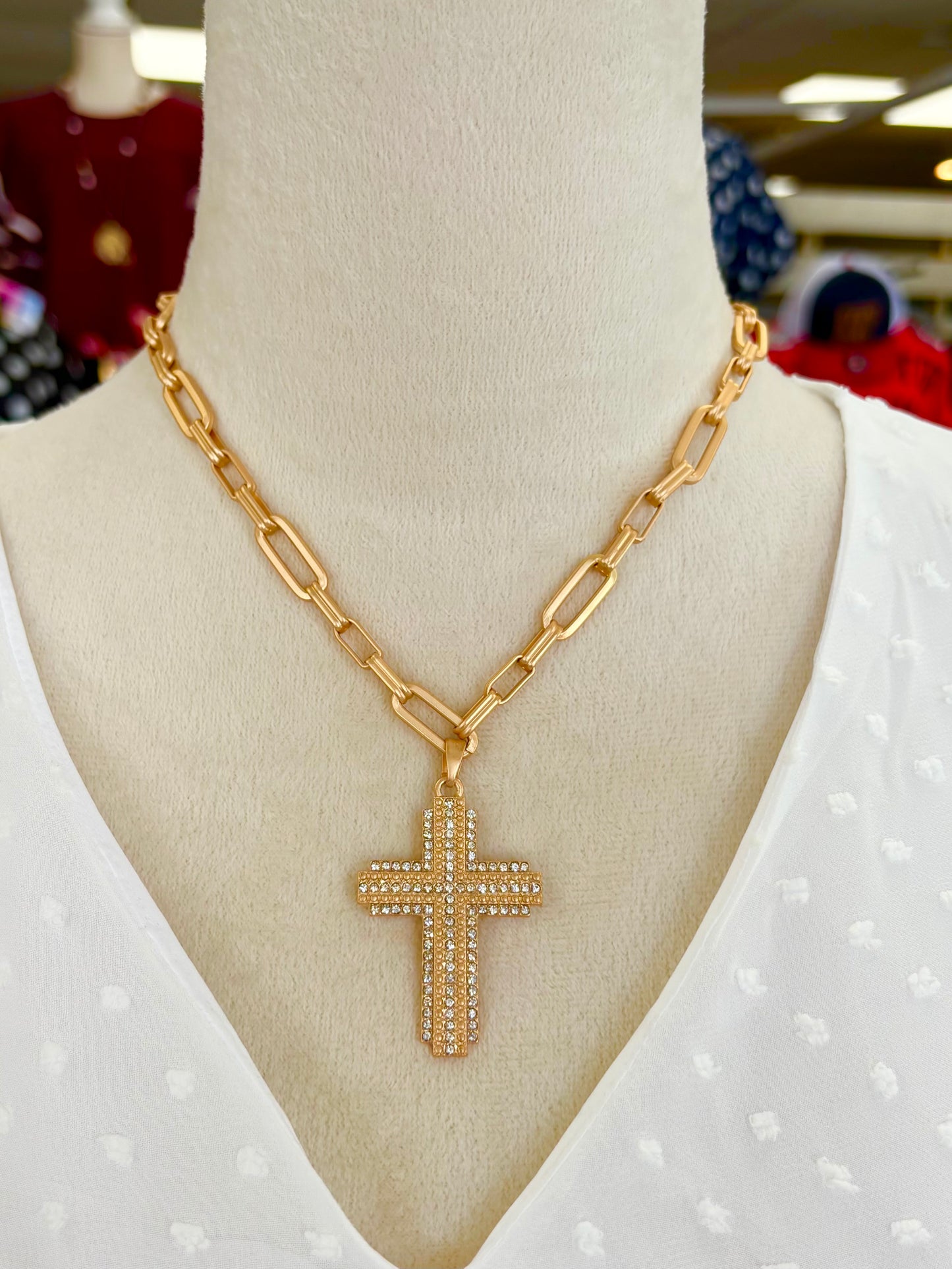 KK Matte Gold Rhinestone Cross Necklace