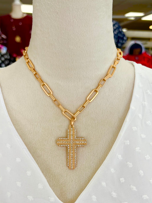 KK Matte Gold Rhinestone Cross Necklace
