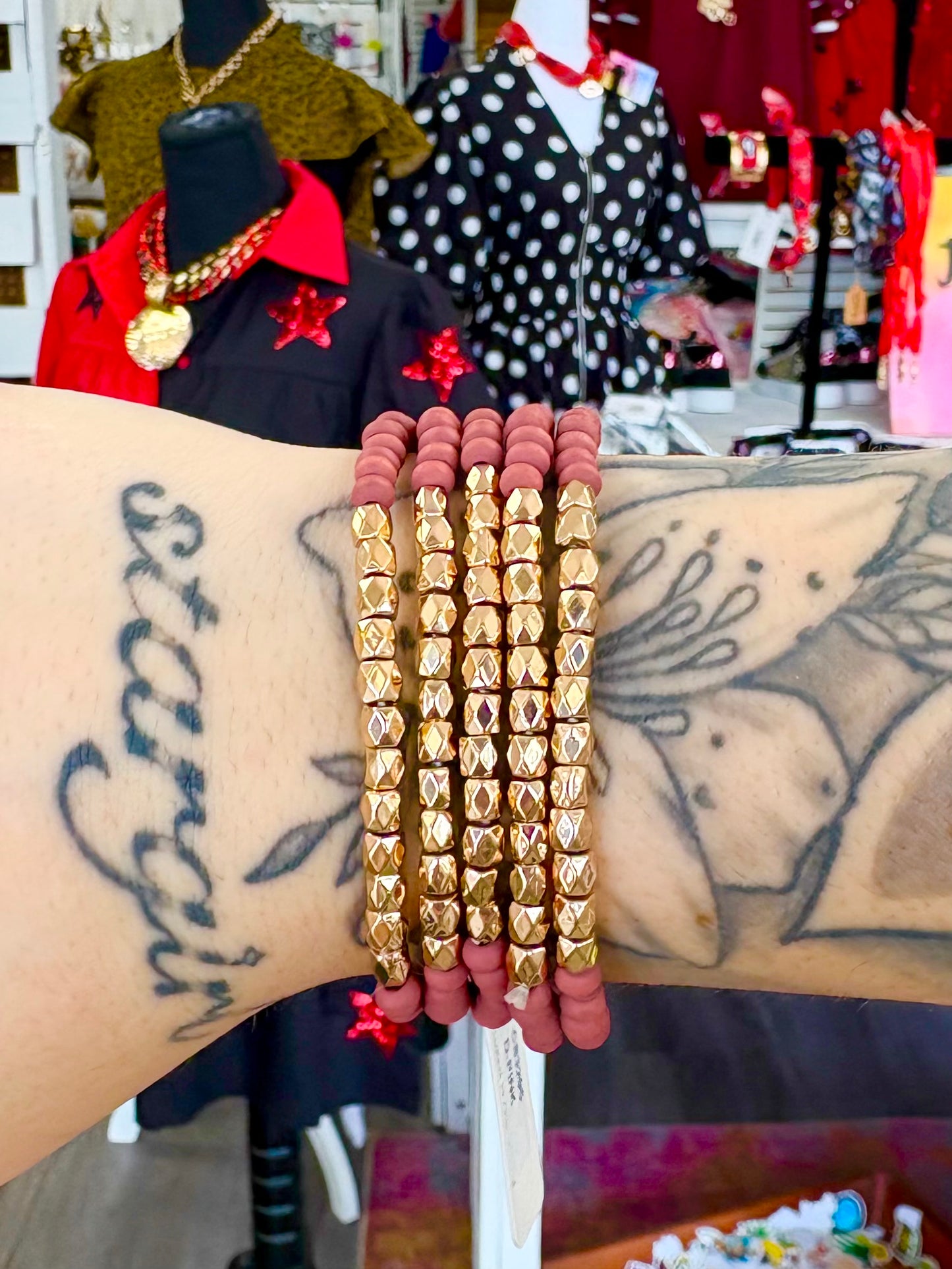 Wooden Dusty Red/Gold Beaded Bracelet Set