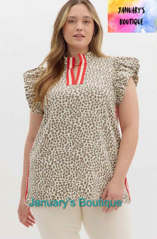 Women's Entro Plus Cheetah Red Collar Top