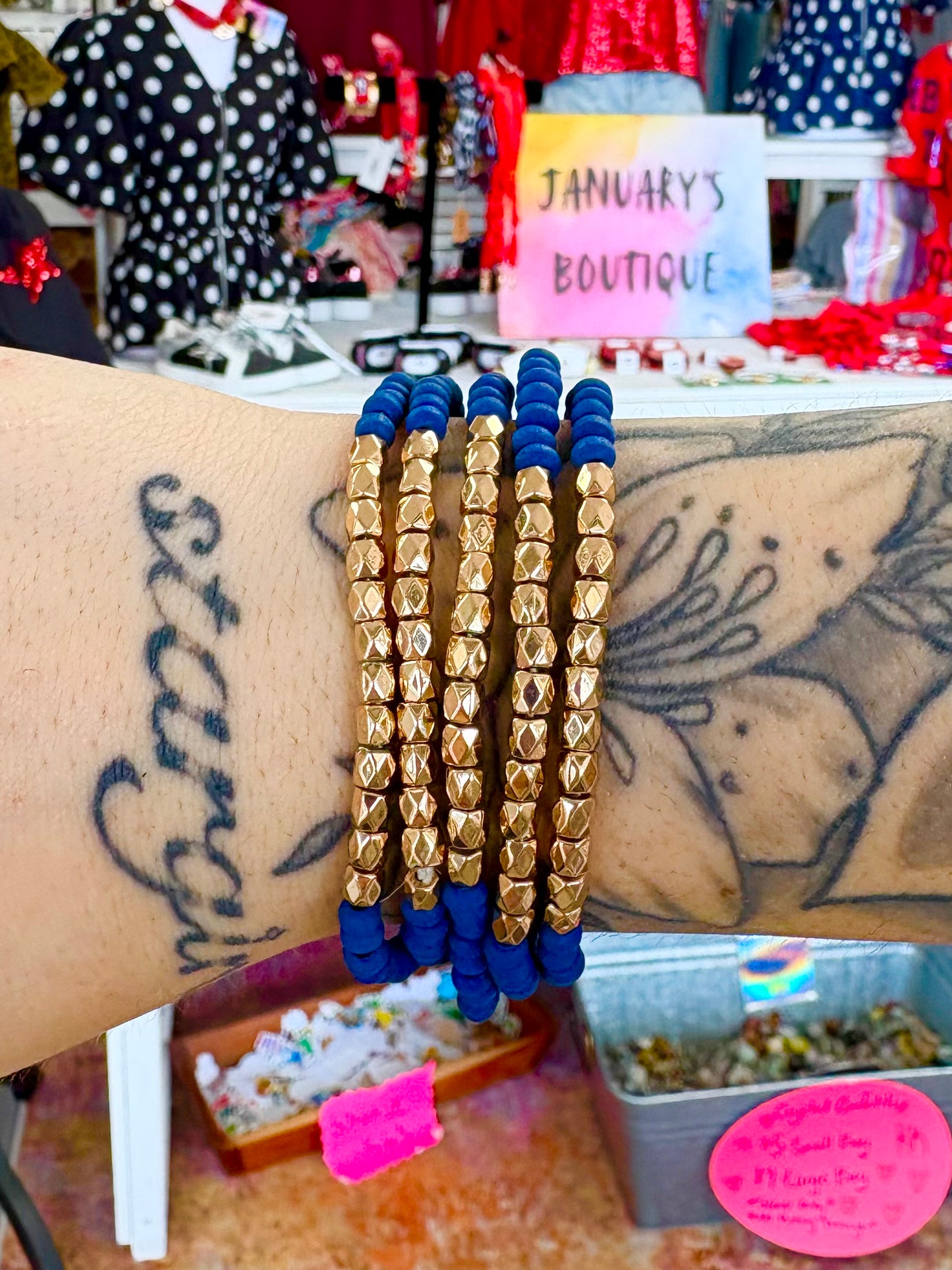 Wooden Blue/Gold Beaded Bracelet Set