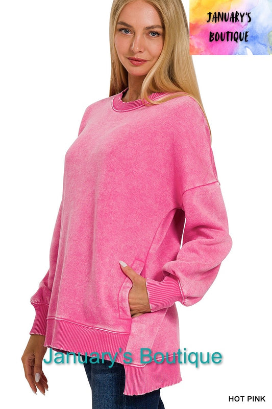 Women’s Acid Washed Pullover~ Hot Pink