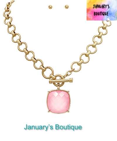 Light Pink Square Stone Necklace Set