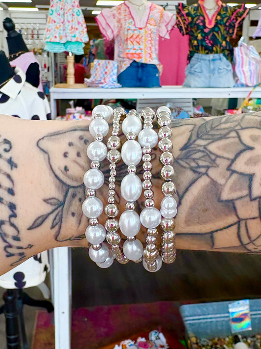 KK Polished Silver/Pearl Mix Bracelet Set