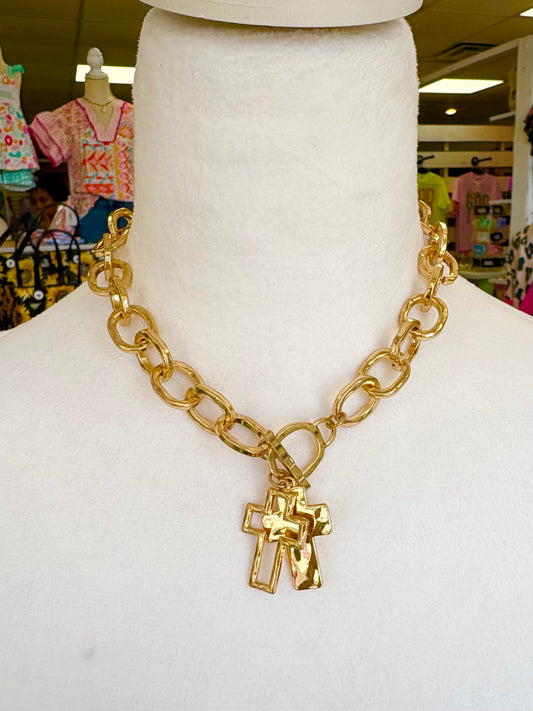 KK Gold Chunky Double Cross Toggle Clasp Necklace