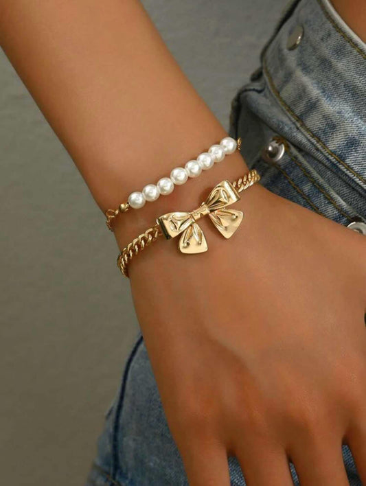 KK 2pcs Bowknot and Pearl Bracelets