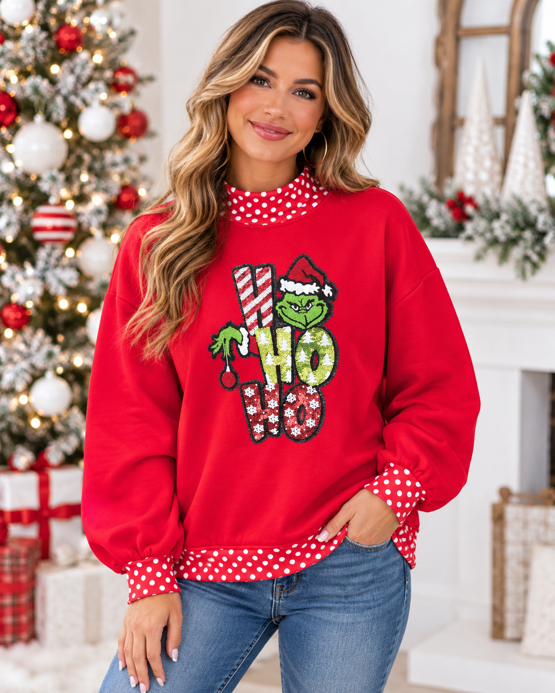Women’s Red Mock Neck HO HO HO Top