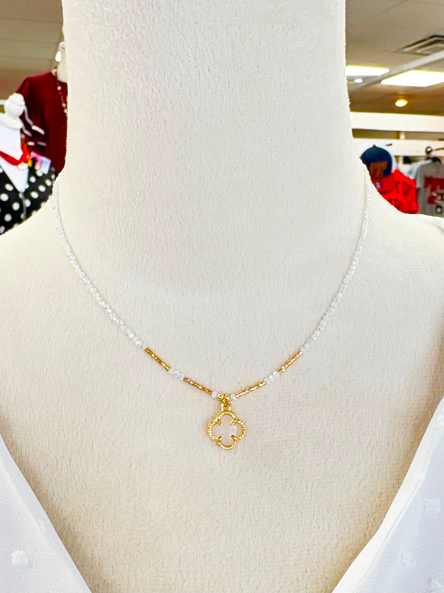 Beaded White/Matte Gold Clover Necklace