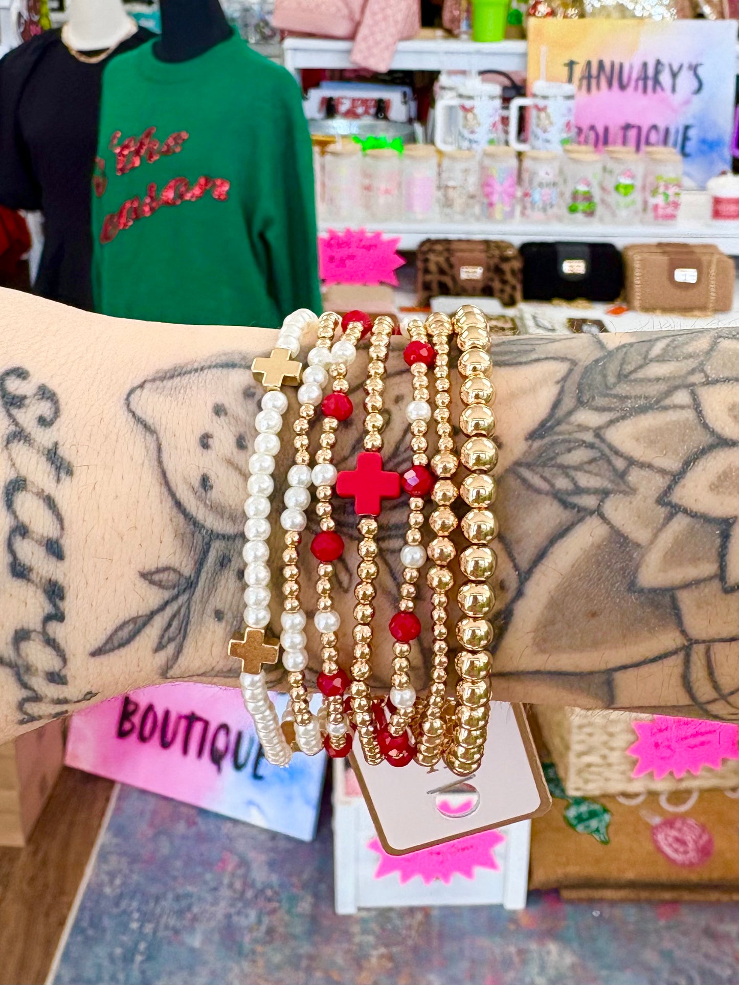 KK Red Cross w/ Pearl & Gold Beaded Bracelet Set