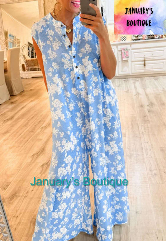 Women's Blue Floral Print Jumpsuit