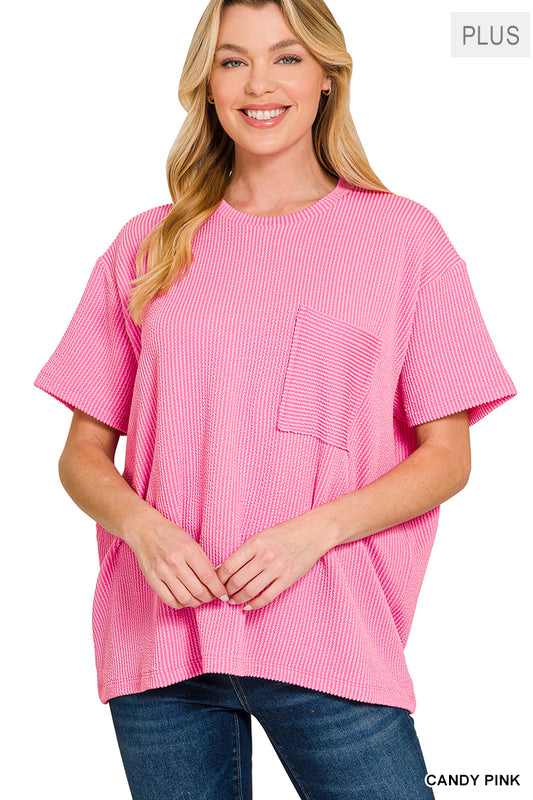 Women’s Plus Ribbed Candy Pink Pocket Top