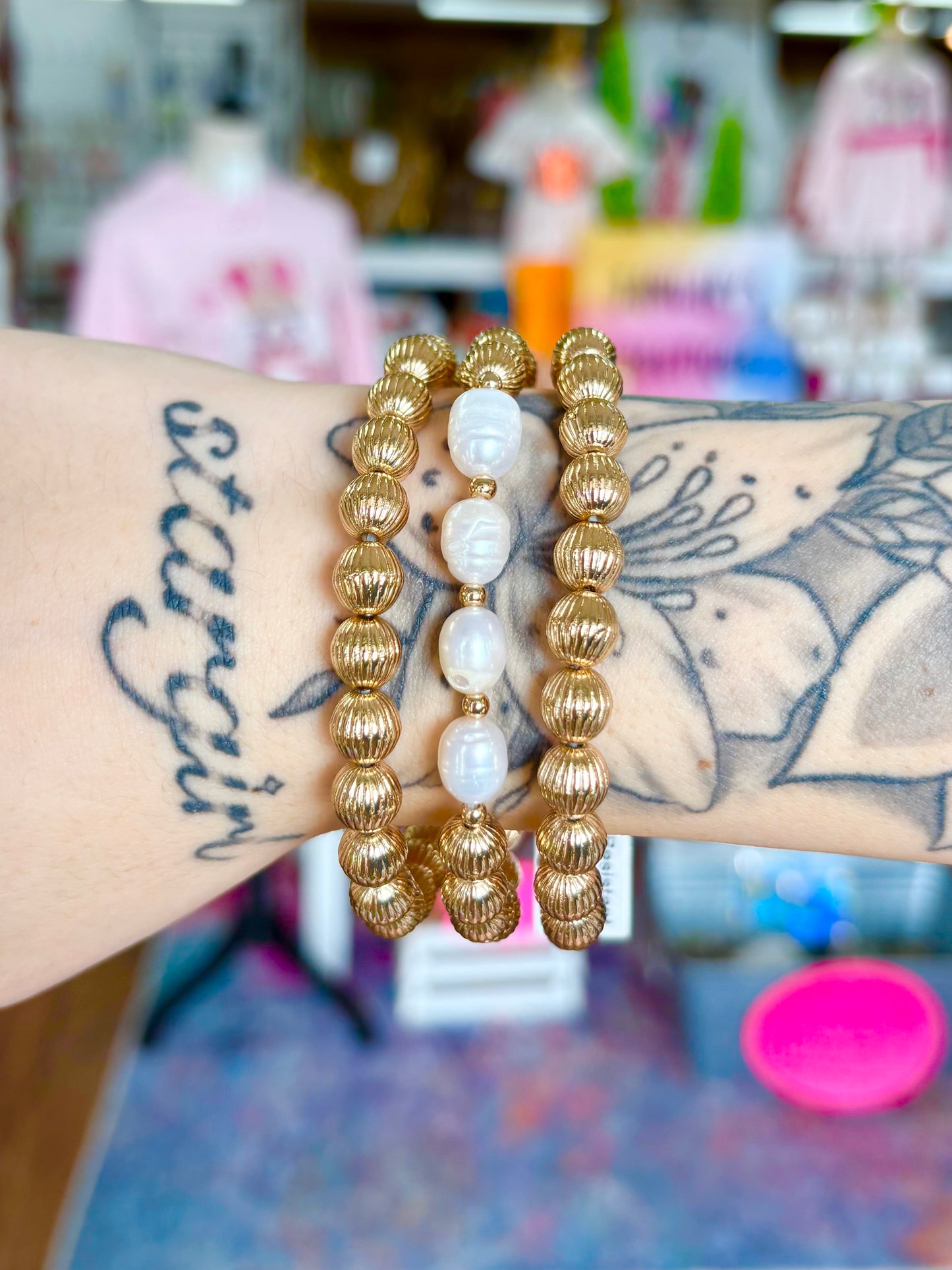 KK Textured Gold Beaded Pearl Bracelet Set