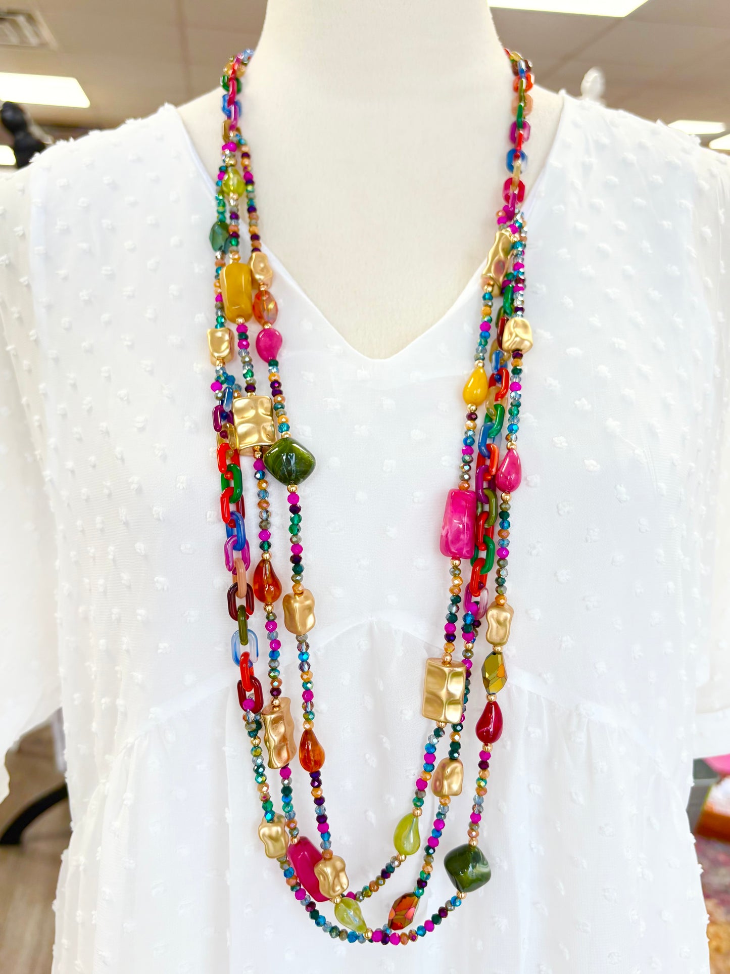 Long Multicolor Stone/Chain Layered Necklace