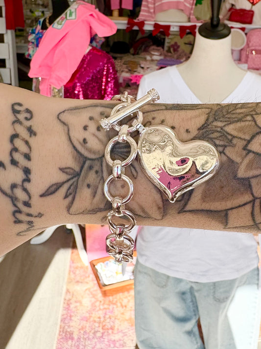 KK Silver Toggle Clasp Chain Heart Bracelet
