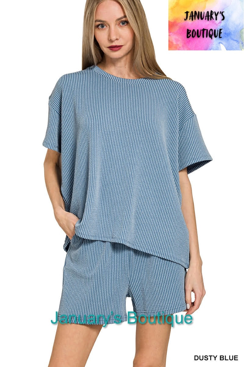 CAM Women’s Dusty Blue Ribbed Shorts Set