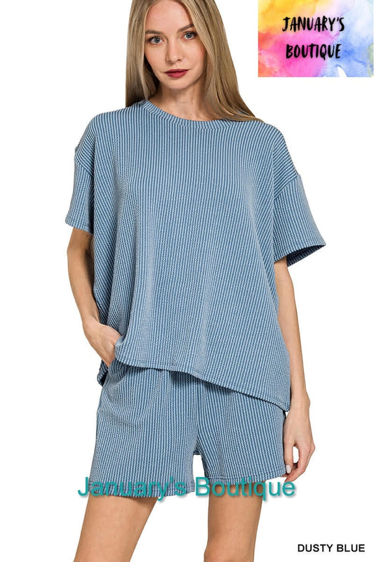 CAM Women’s Dusty Blue Ribbed Shorts Set