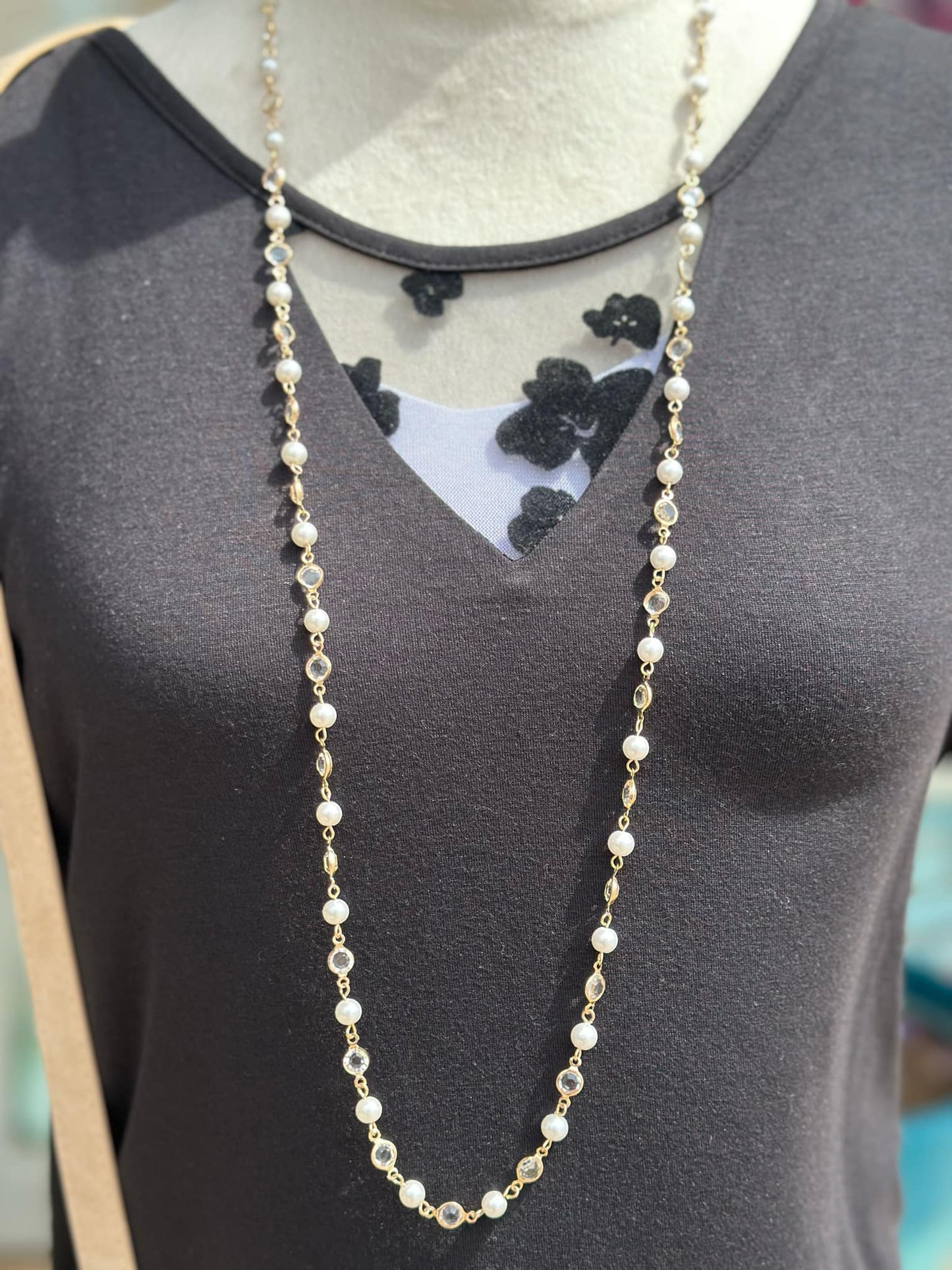 KK Long Pearl and Crystal Necklace