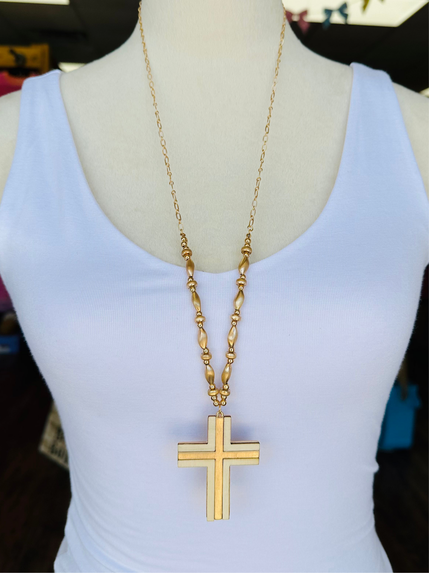 KK Long Beaded Cross Necklace