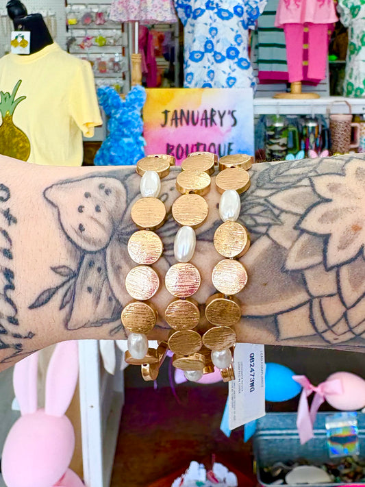 KK Flat Gold Pearl Bracelet Set