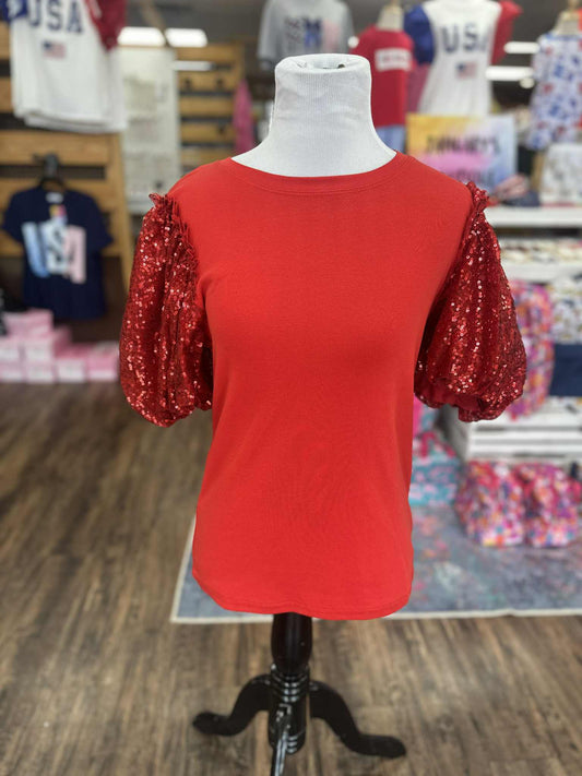 Women's Red Sequin Sleeve Top