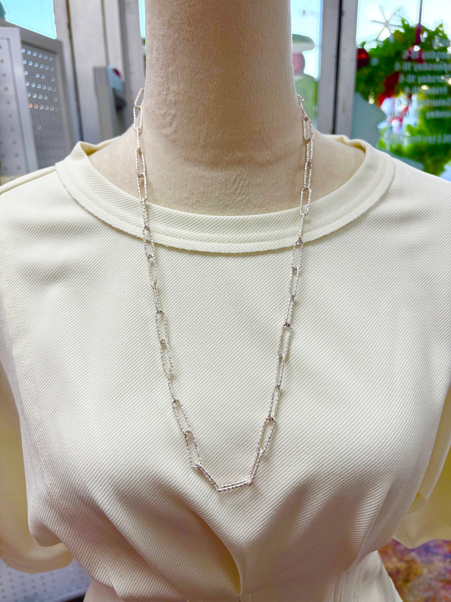 KK Long Textured Silver Chain Necklace