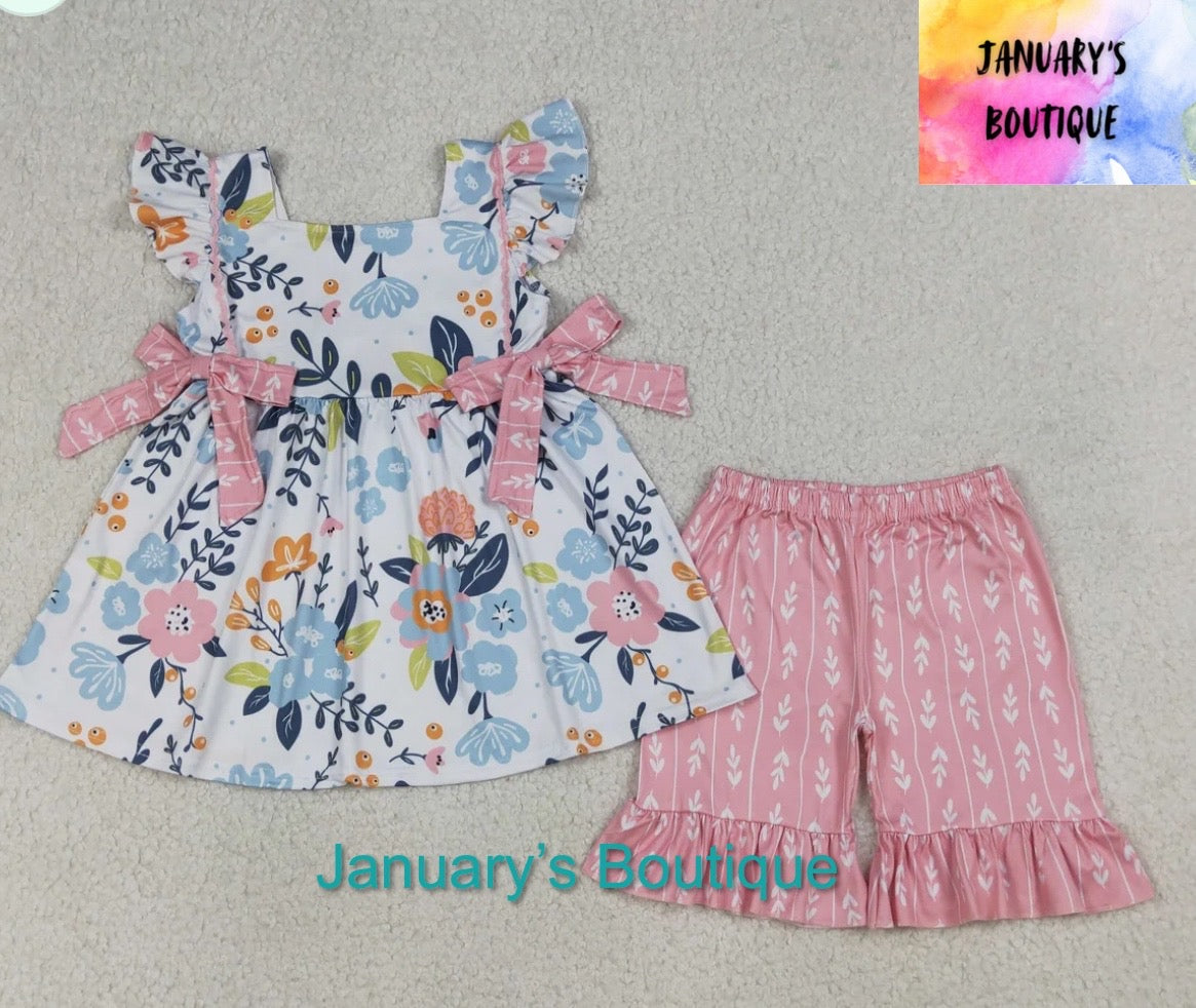 Girl’s Pink and Blue Floral Bow Set